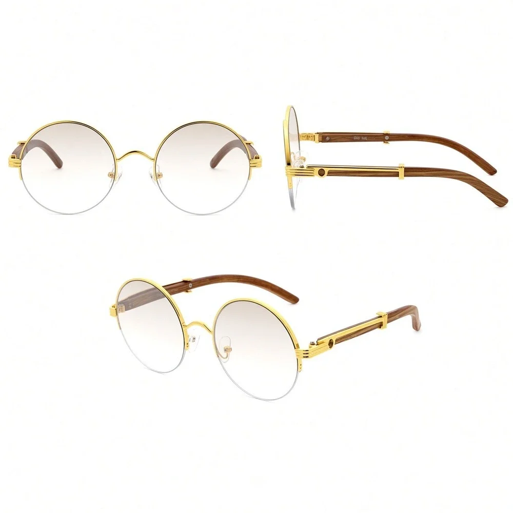 Women Round Eyeglasses Gold Frame Wood Arms Fashion Clear Glasses Sophisticated
